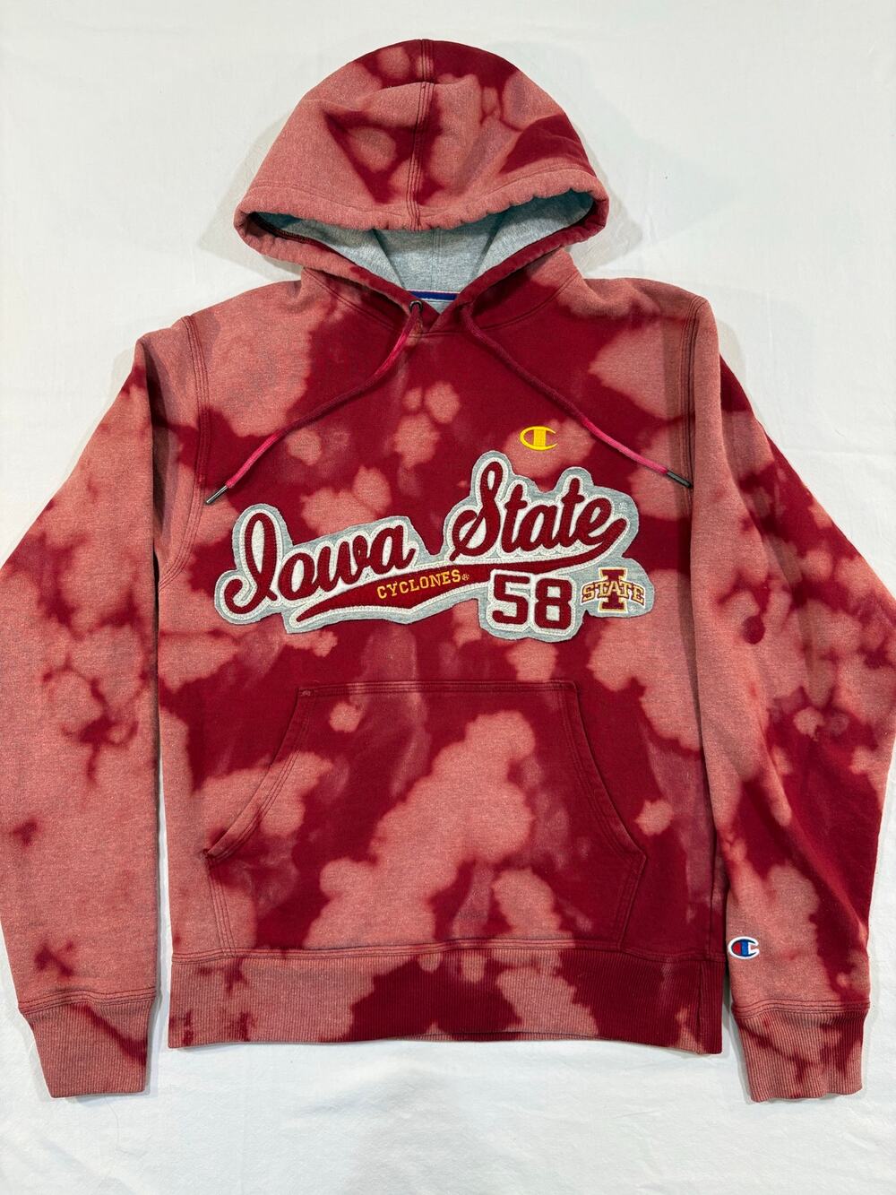 Reworked Iowa State Red Bleach Dyed Champion Hoodie Size Small